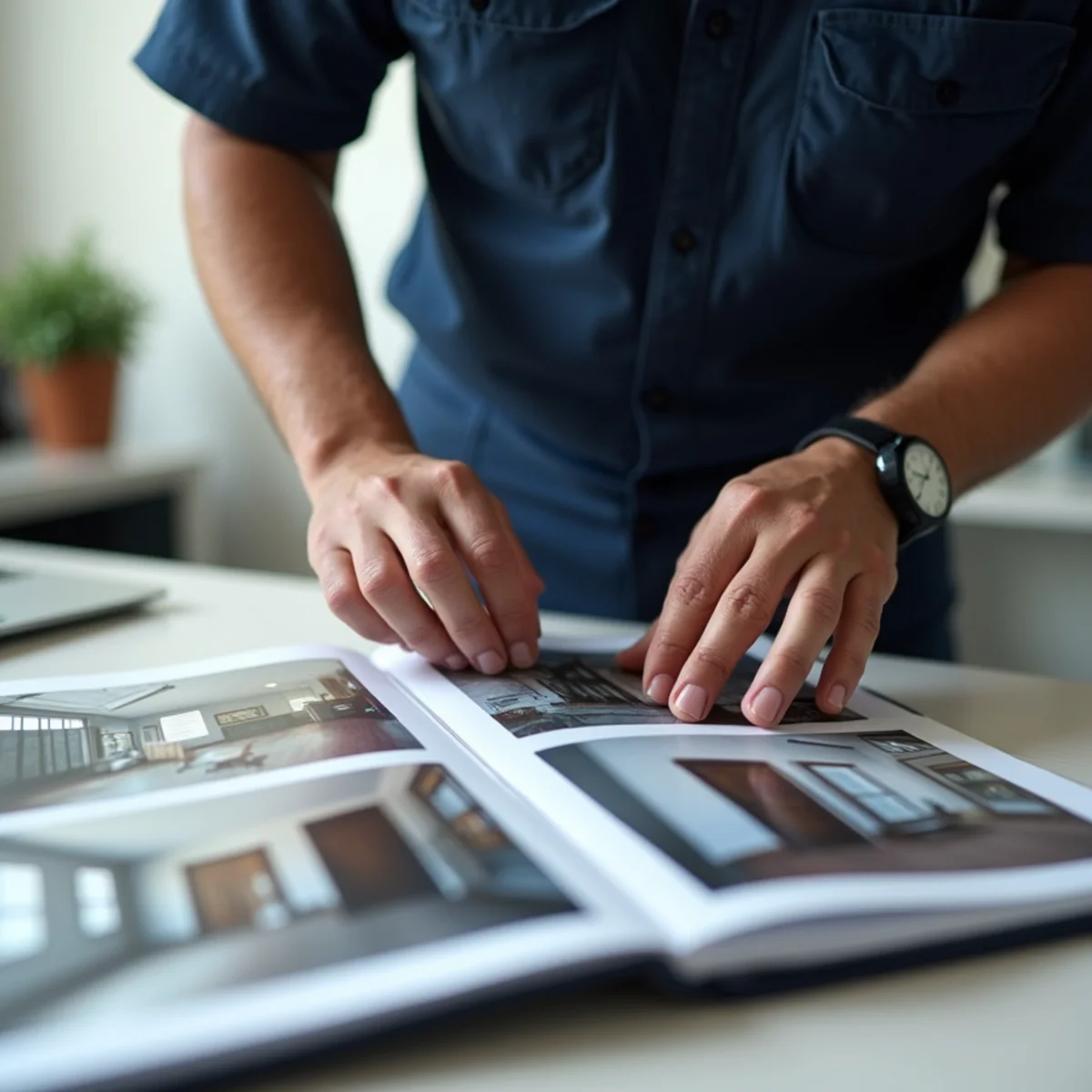 Restoration technician organizing photographic proof of smoke damage into insurance binder
