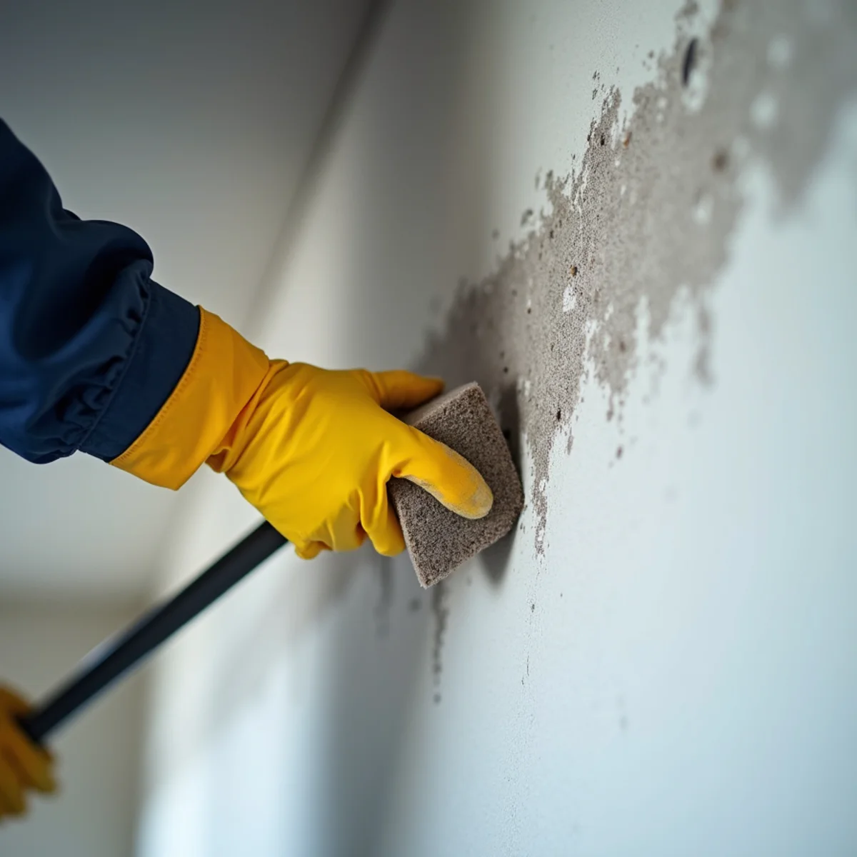 Step 3: Technician demonstrating zero-water dry sponge stripping technique on ceiling