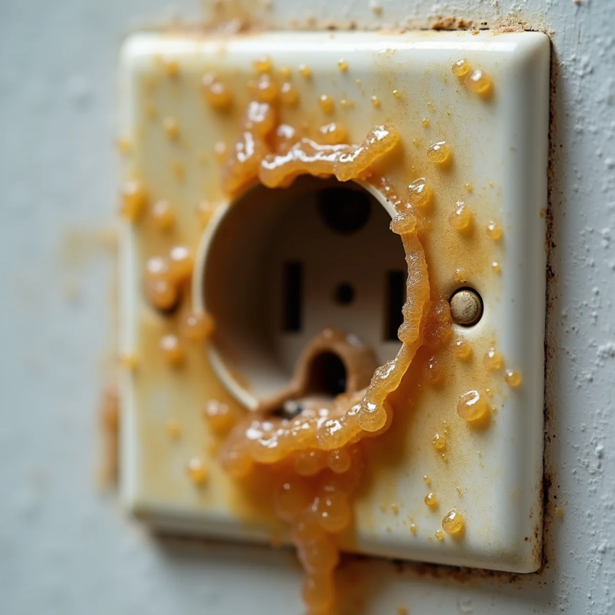 Close-up of sticky yellowed synthetic polymer soot residue clinging to plastic trim