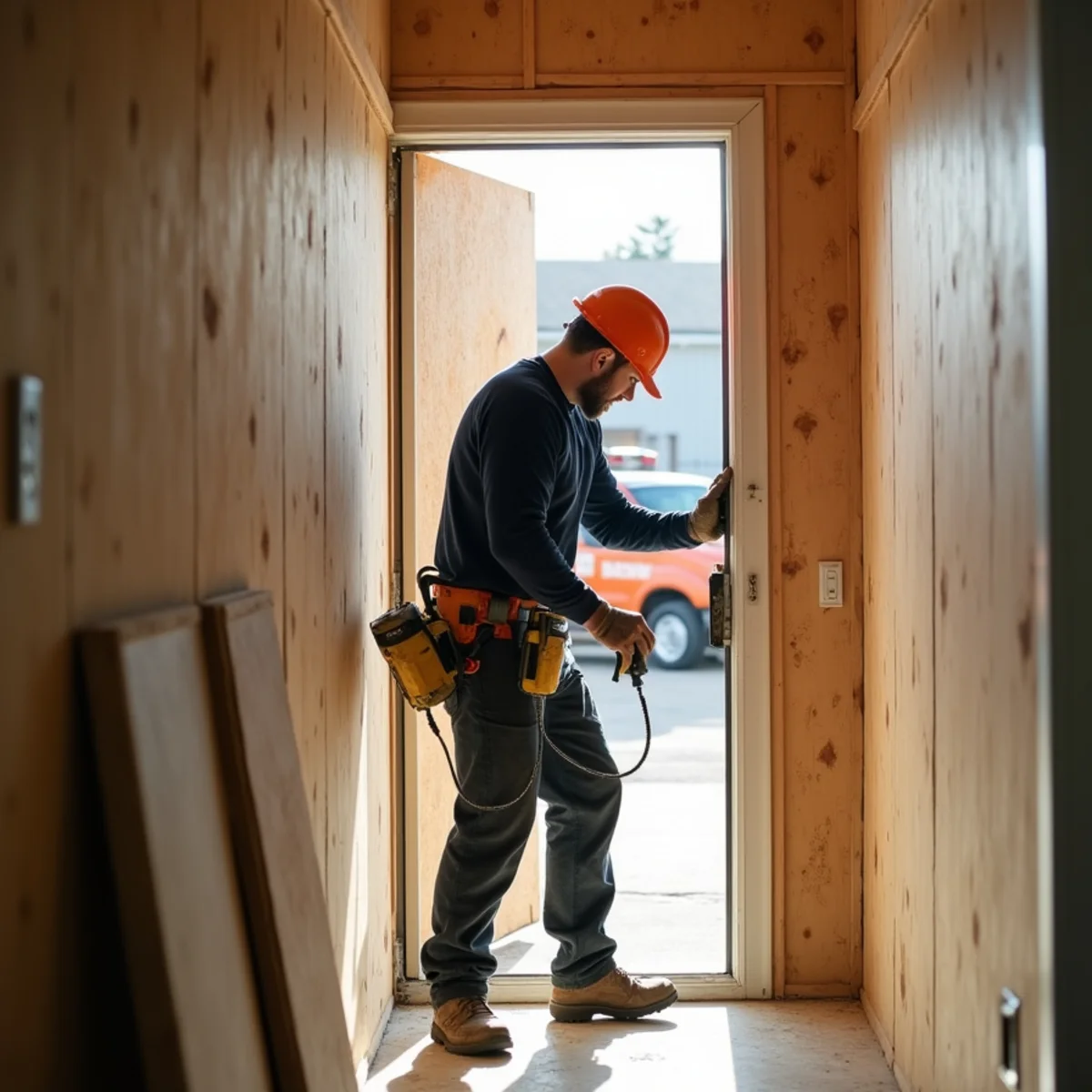 Restoration technician installing emergency plywood weather protection over damaged doorway