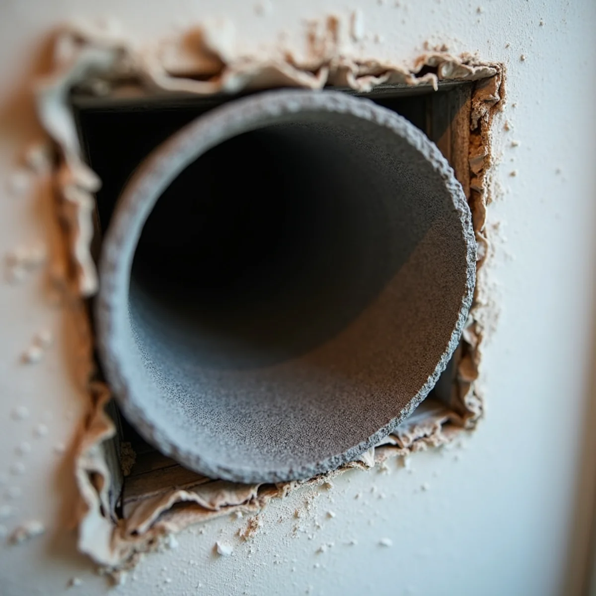 Inspection of central heating air return grille showing soot particle accumulation inside duct