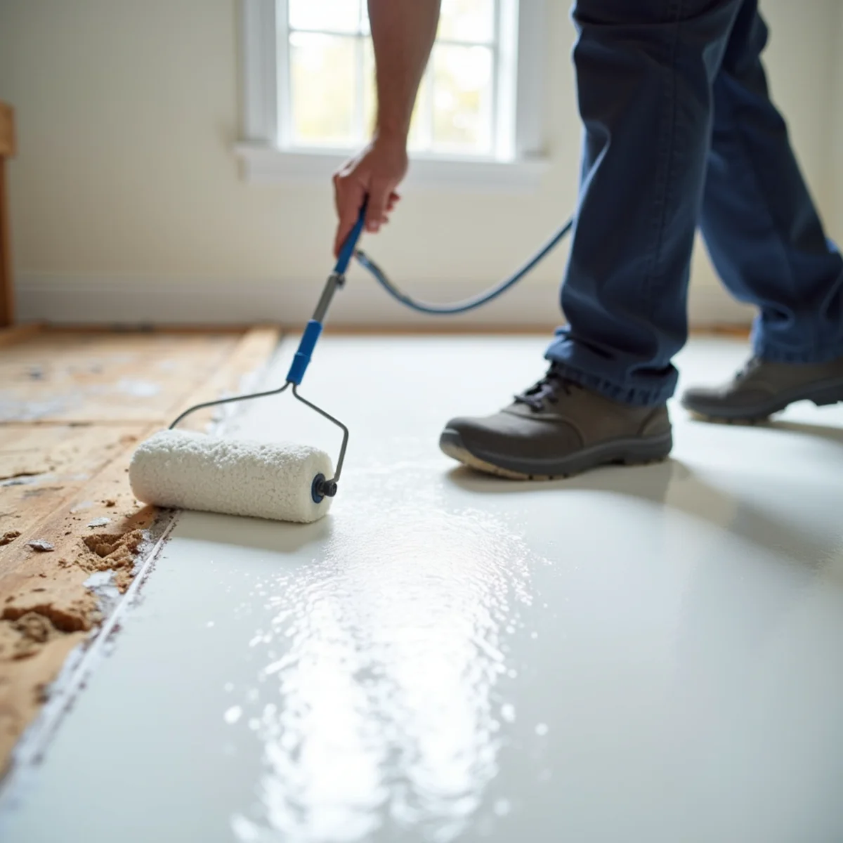Restoration specialist applying impermeable shellac odor-blocking seal over wood subfloor