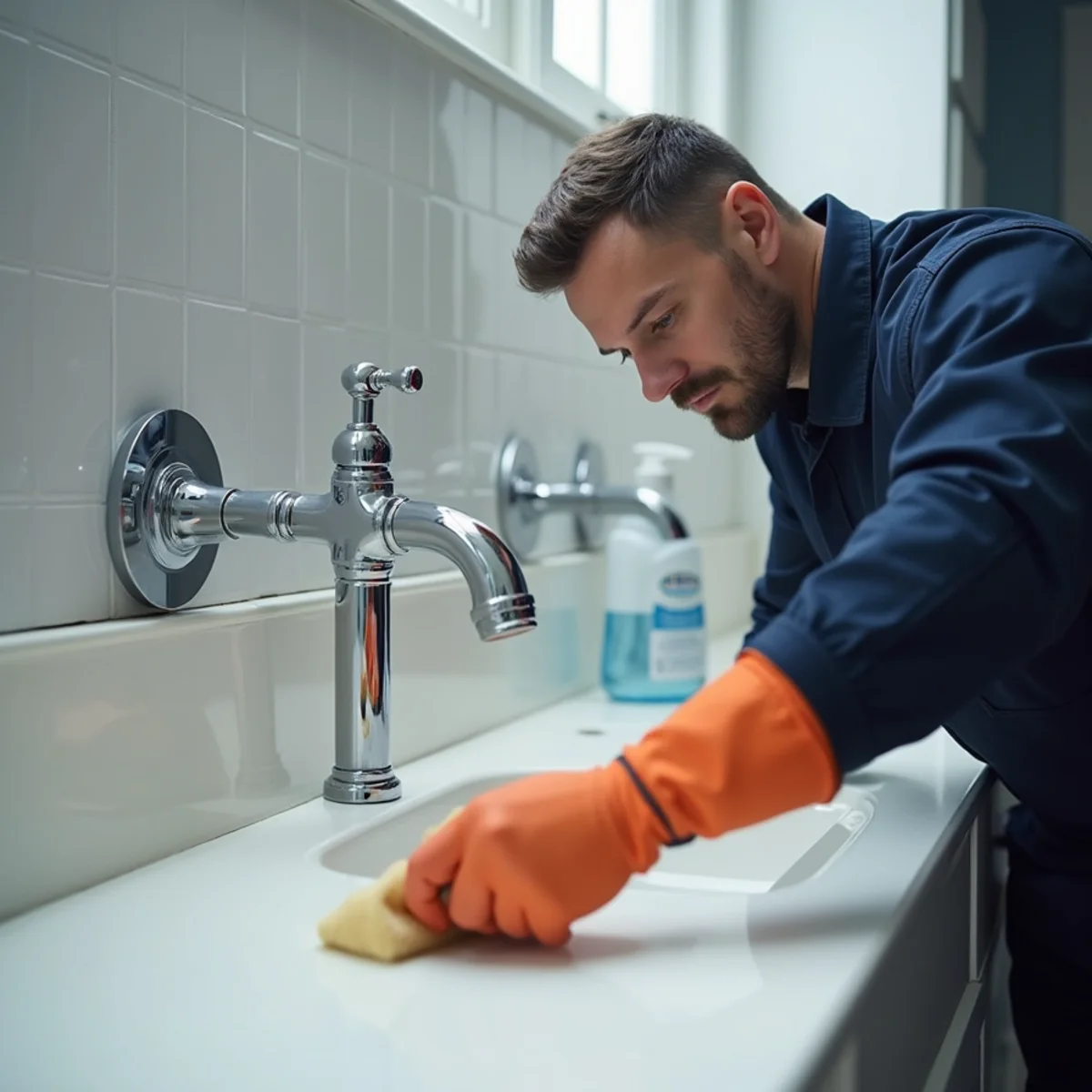 Technician applying alkaline neutralizer to chrome faucet to prevent permanent acid etching
