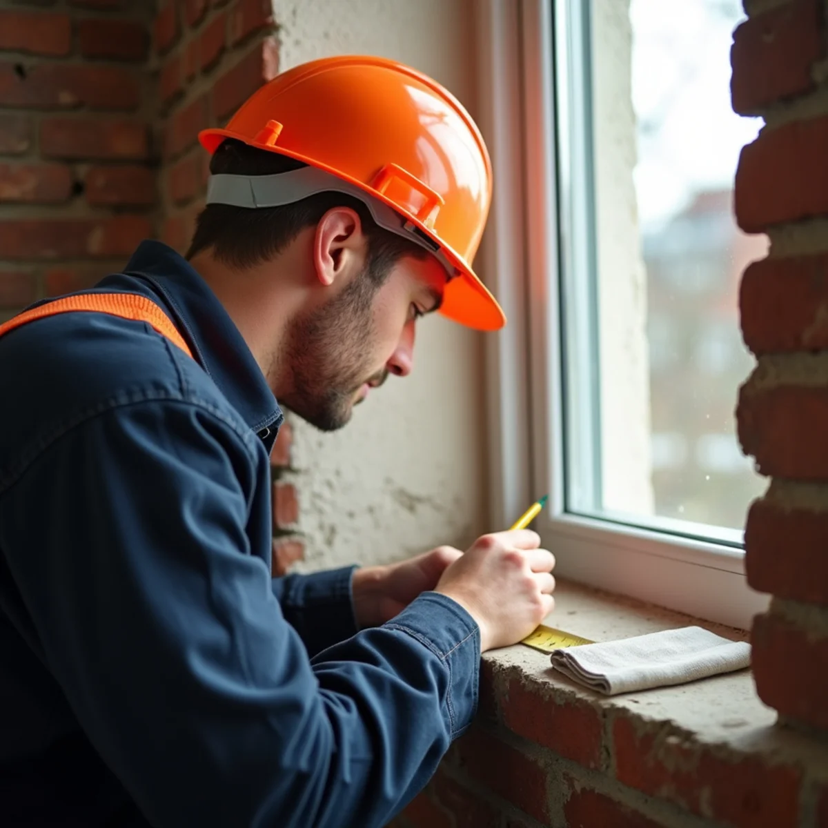 Carpenter measuring structural window frame dimensions with heavy-duty steel tape measure