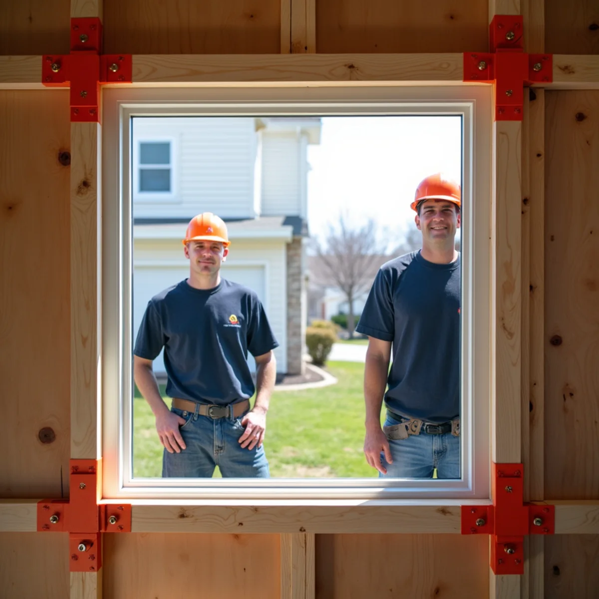 Interior view of non-destructive 2x4 tension clamping system securing window plywood securely
