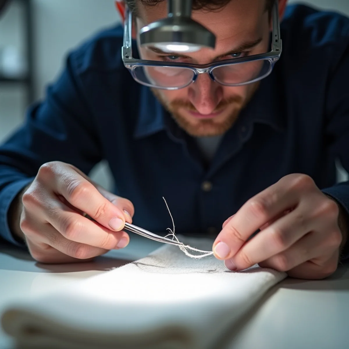 Technician performing microscopic fiber burn test on upholstery fabric sample