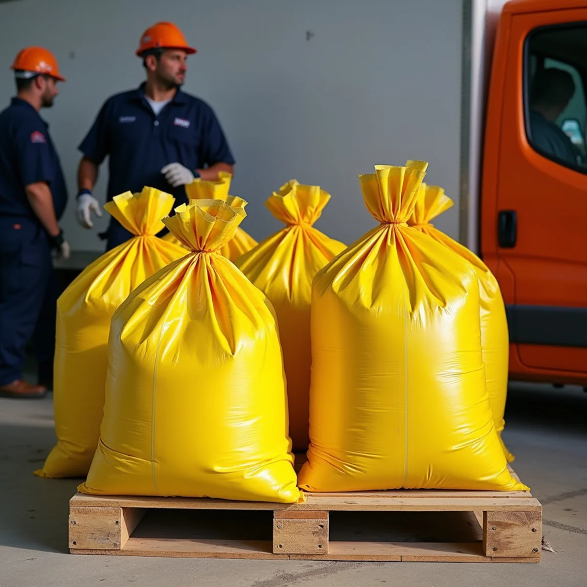 Heavy-duty 3-mil contractor bags containing charred drywall sealed tightly with duct tape