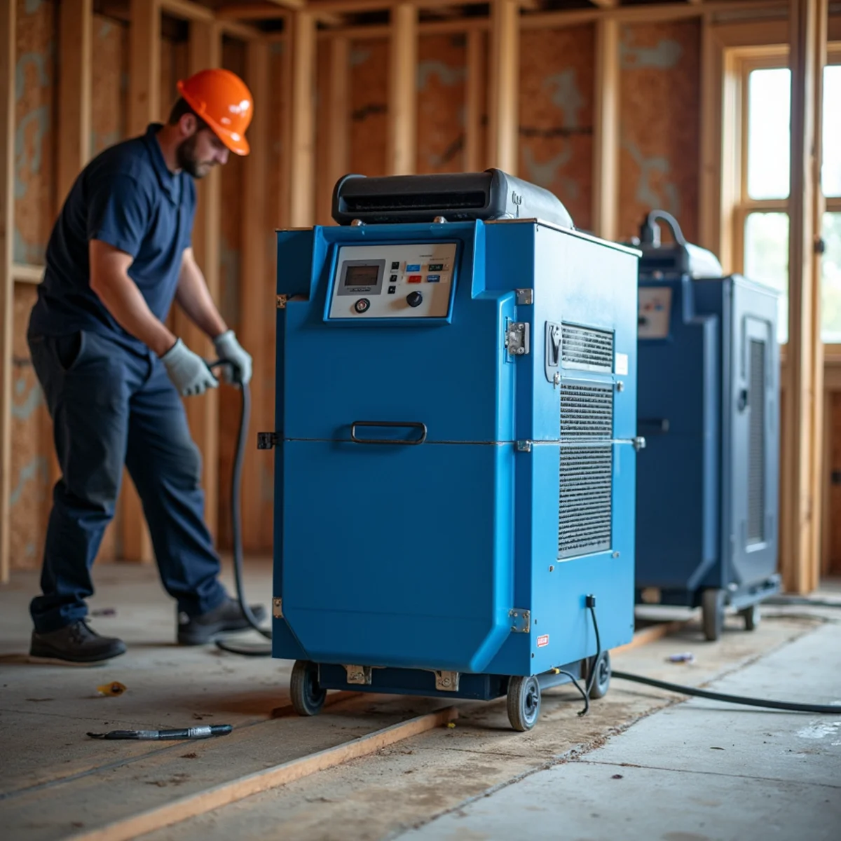 Commercial low-grain refrigerant LGR dehumidifier blowing dry heated exhaust air into ducting