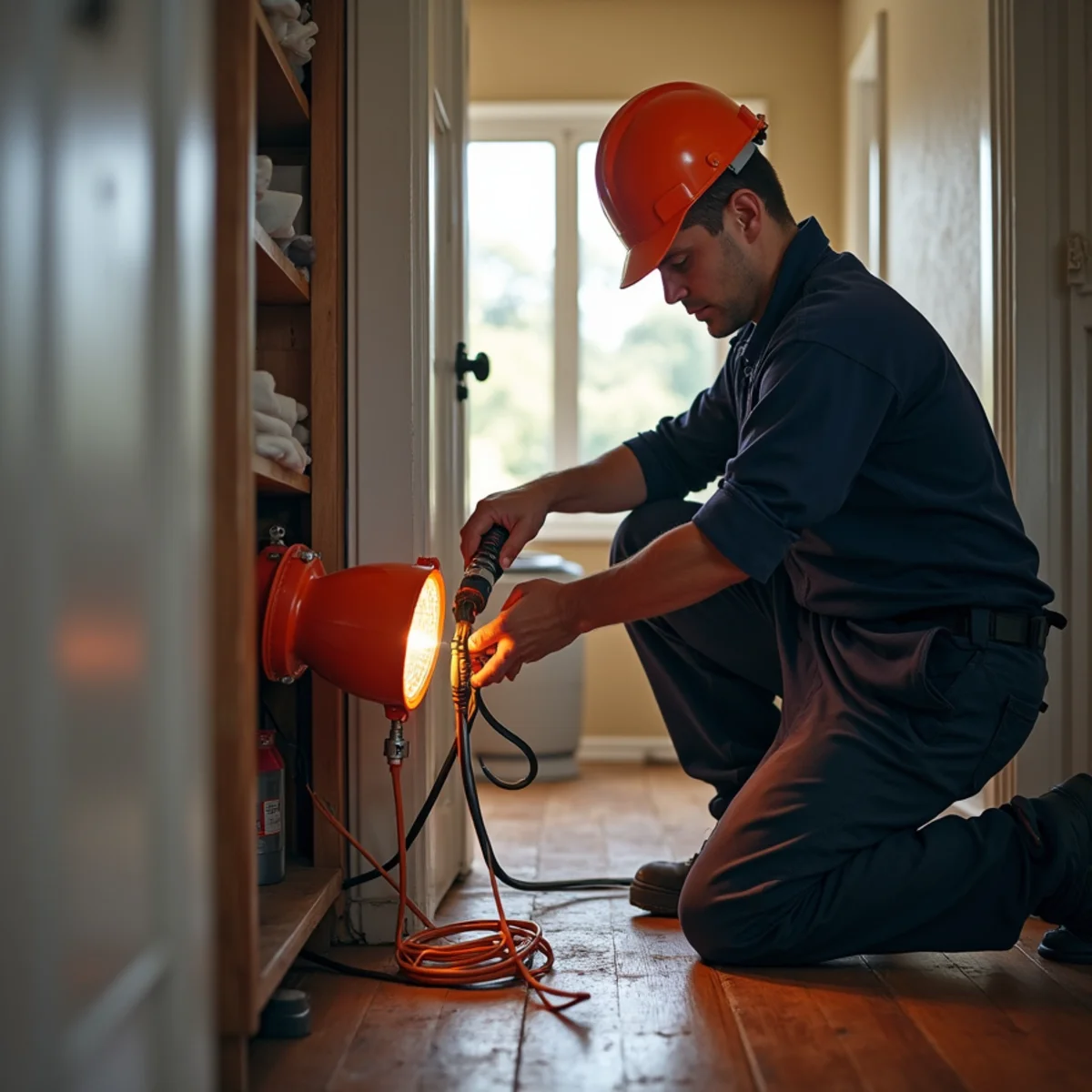 Technician setting up temporary power distribution box and floodlights inside damaged property