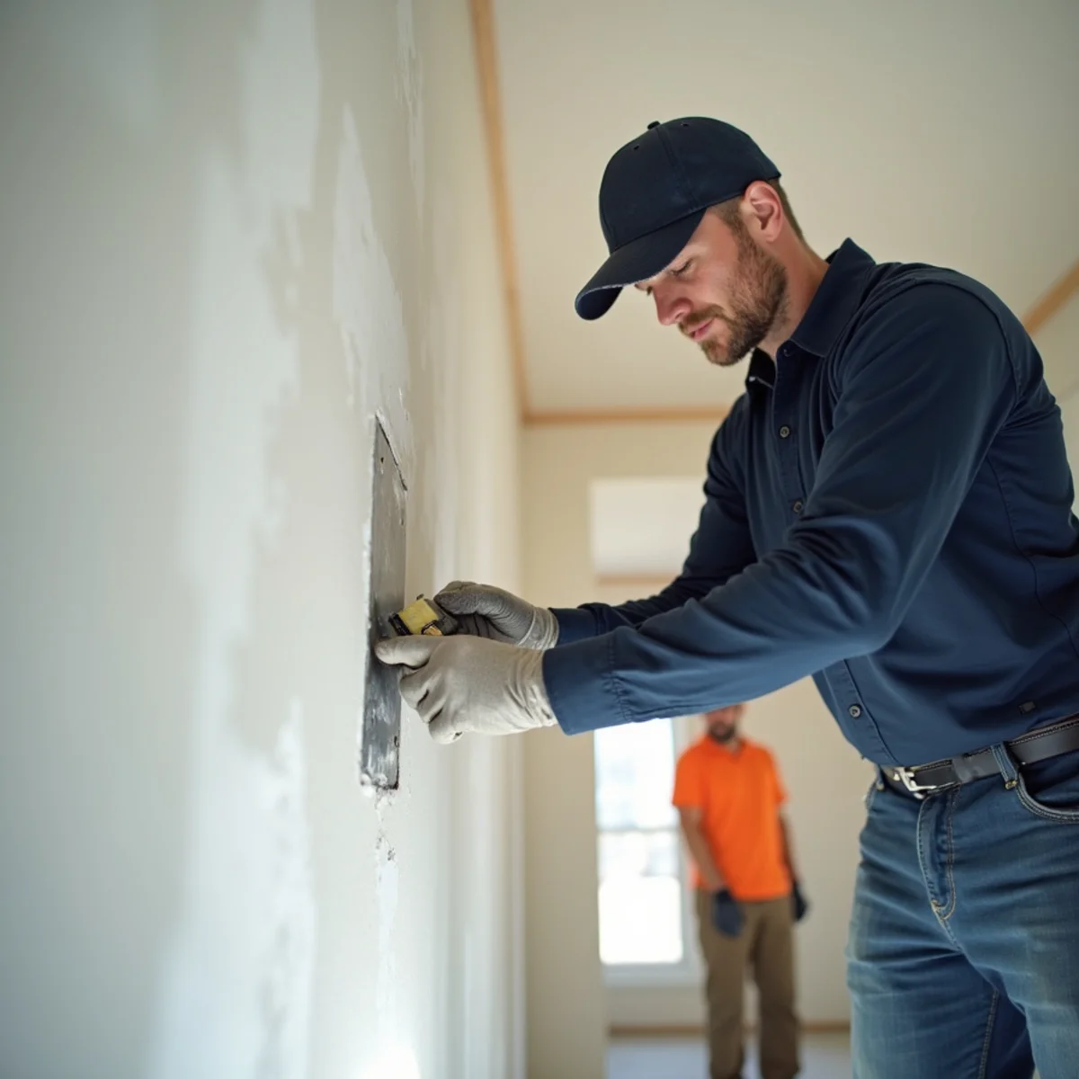 Drywall finisher applying smooth joint compound over drywall seams with wide finishing knife