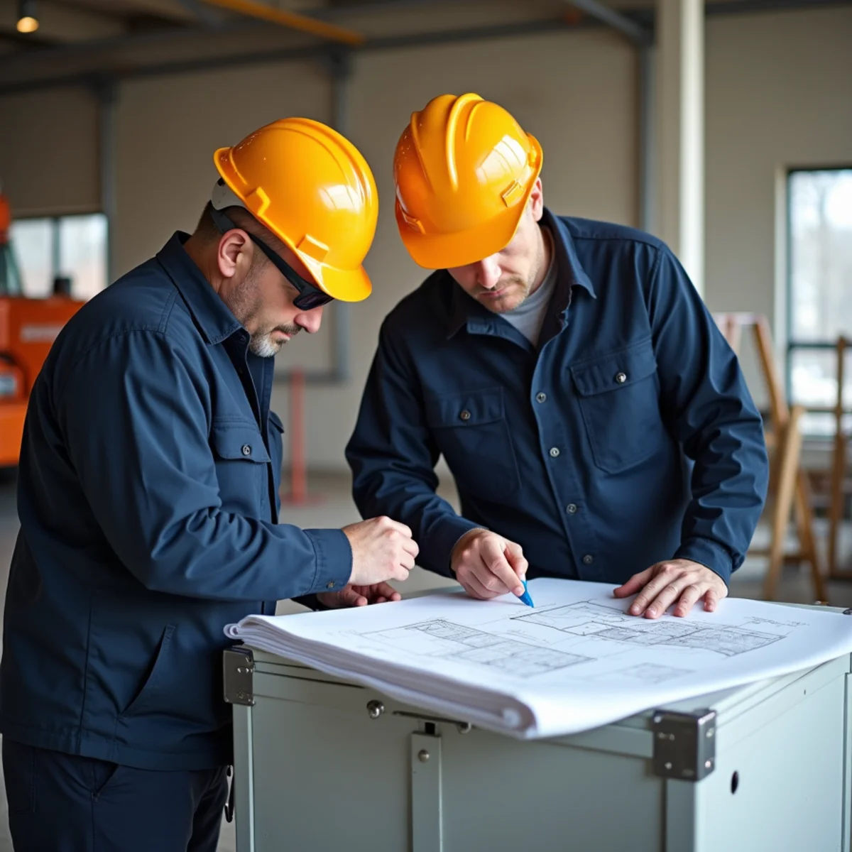Project manager reviewing commercial electrical and HVAC blueprints with facility manager