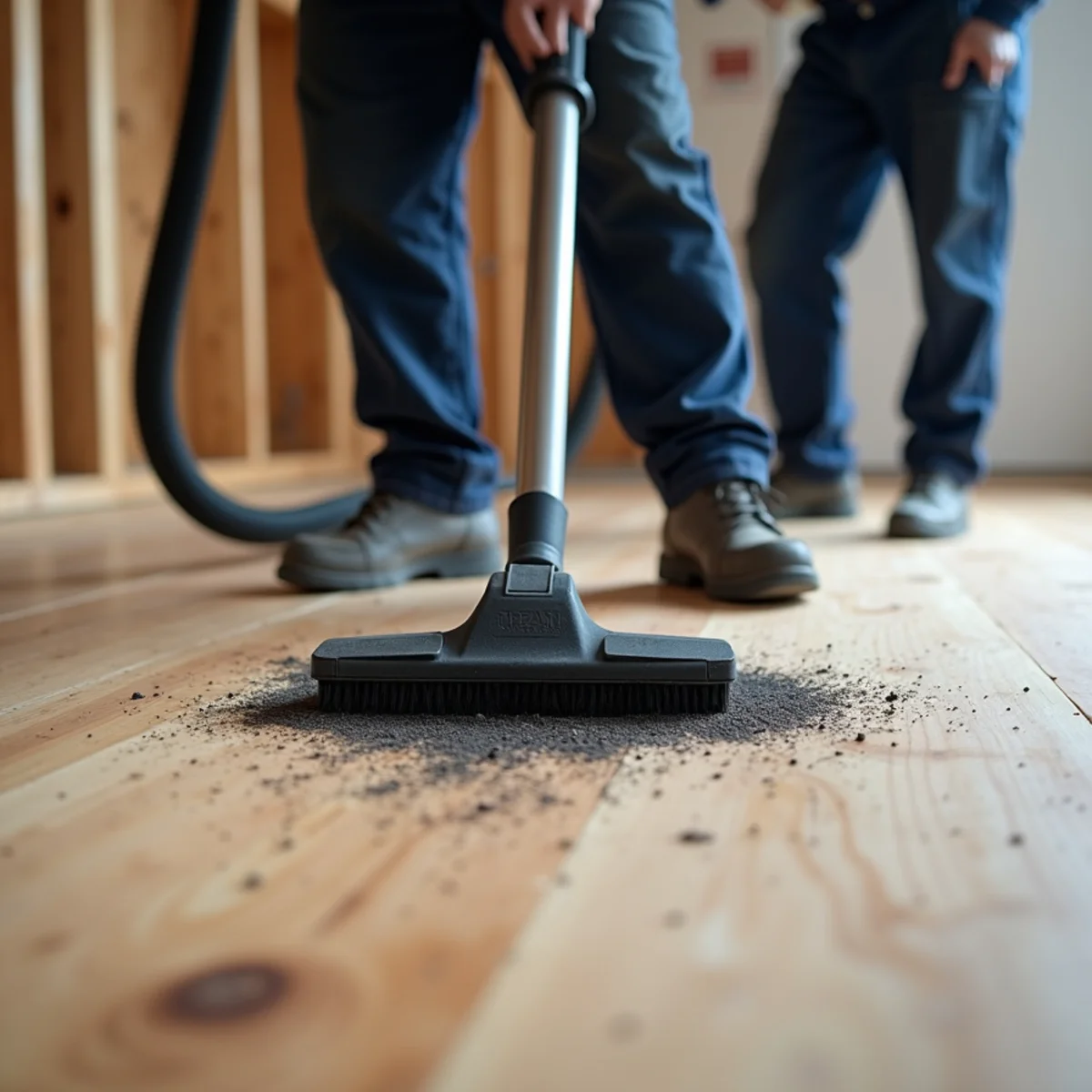 Commercial HEPA backpack vacuum capturing loose ash and carbon particulates from subfloor
