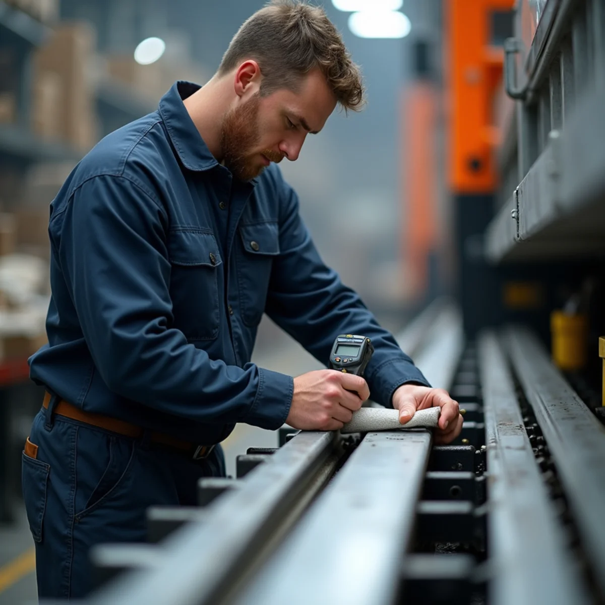 Industrial project estimator assessing soot accumulation on high-tonnage overhead bridge crane