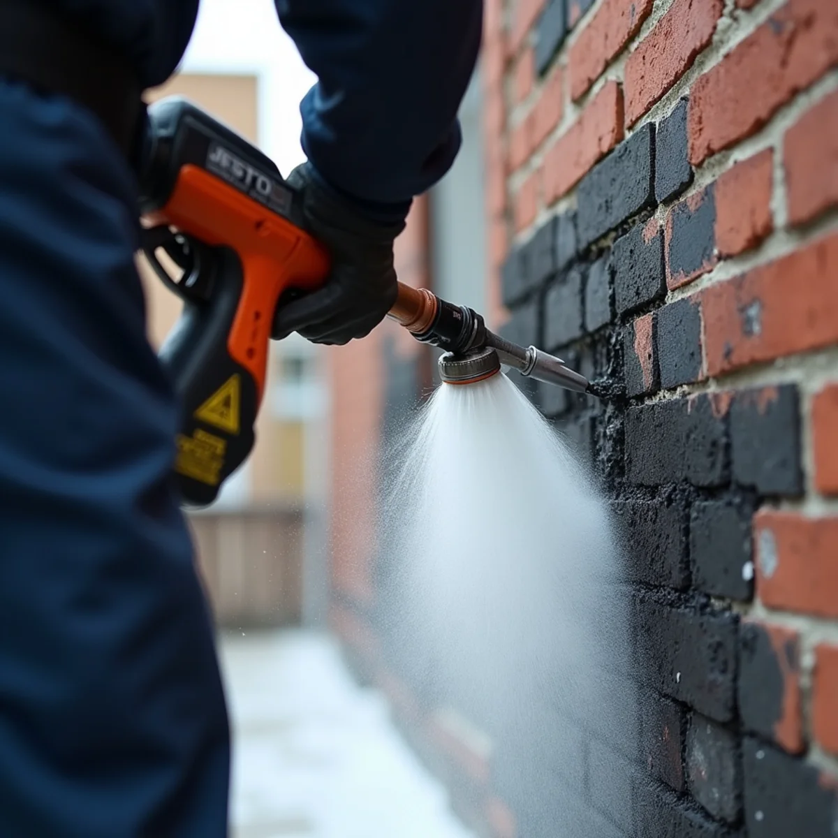 Precision dry ice blasting lifting heavy black soot from industrial brick and structural steel