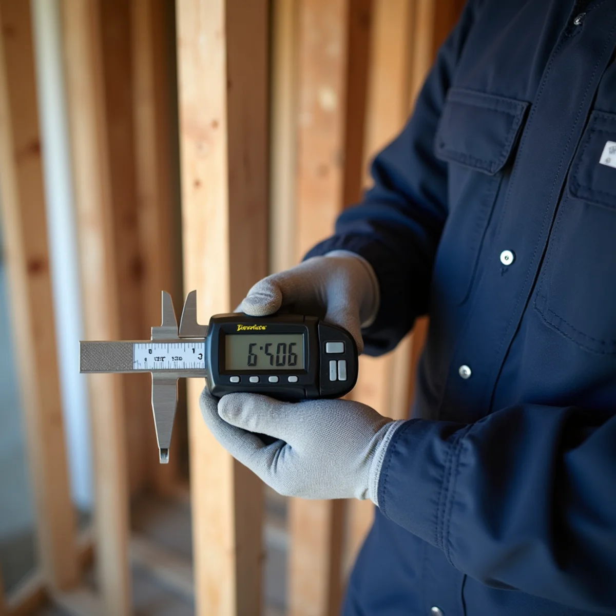 Technician measuring char depth on structural wall framing with precision caliper