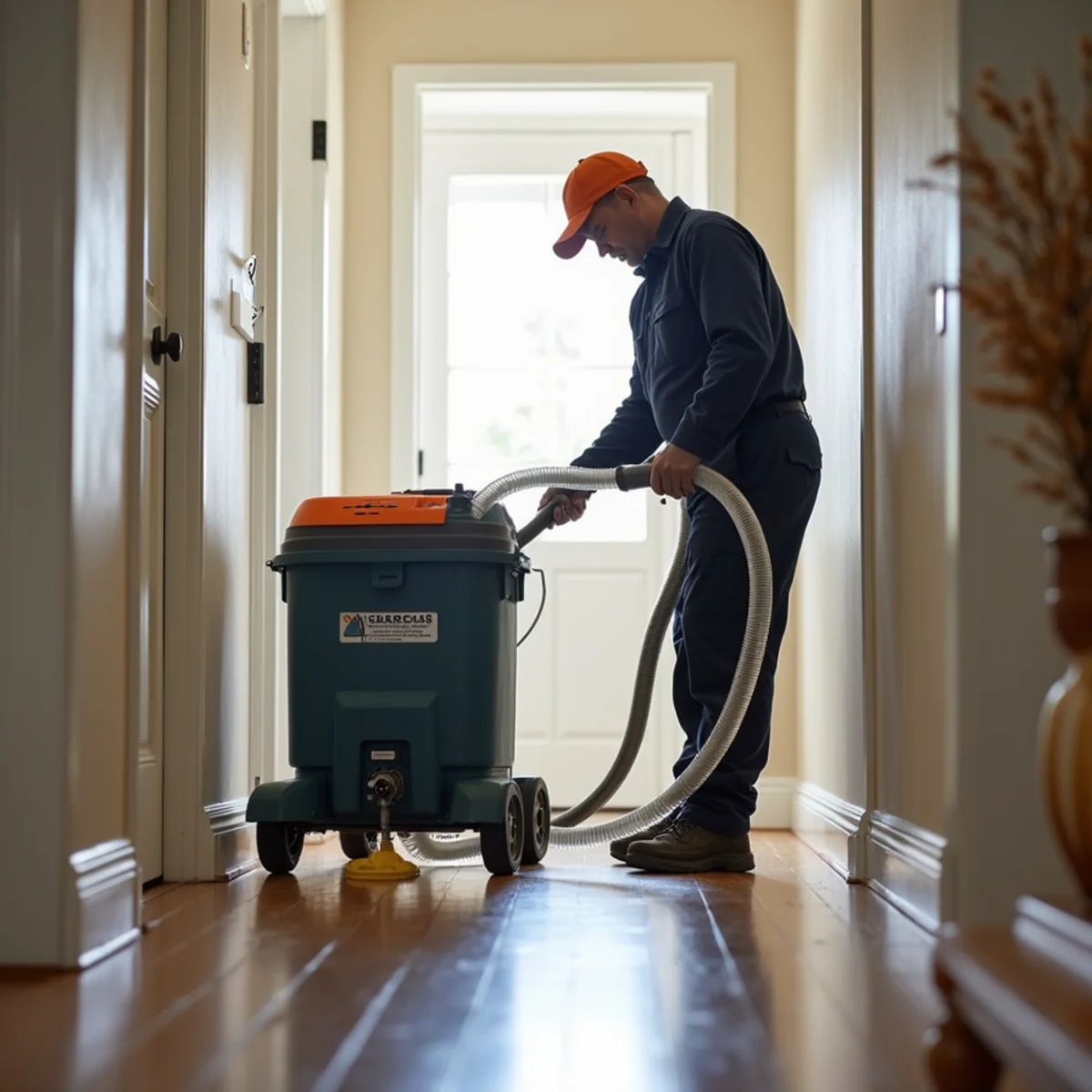 Industrial HEPA air scrubber operating under negative pressure in residential hallway