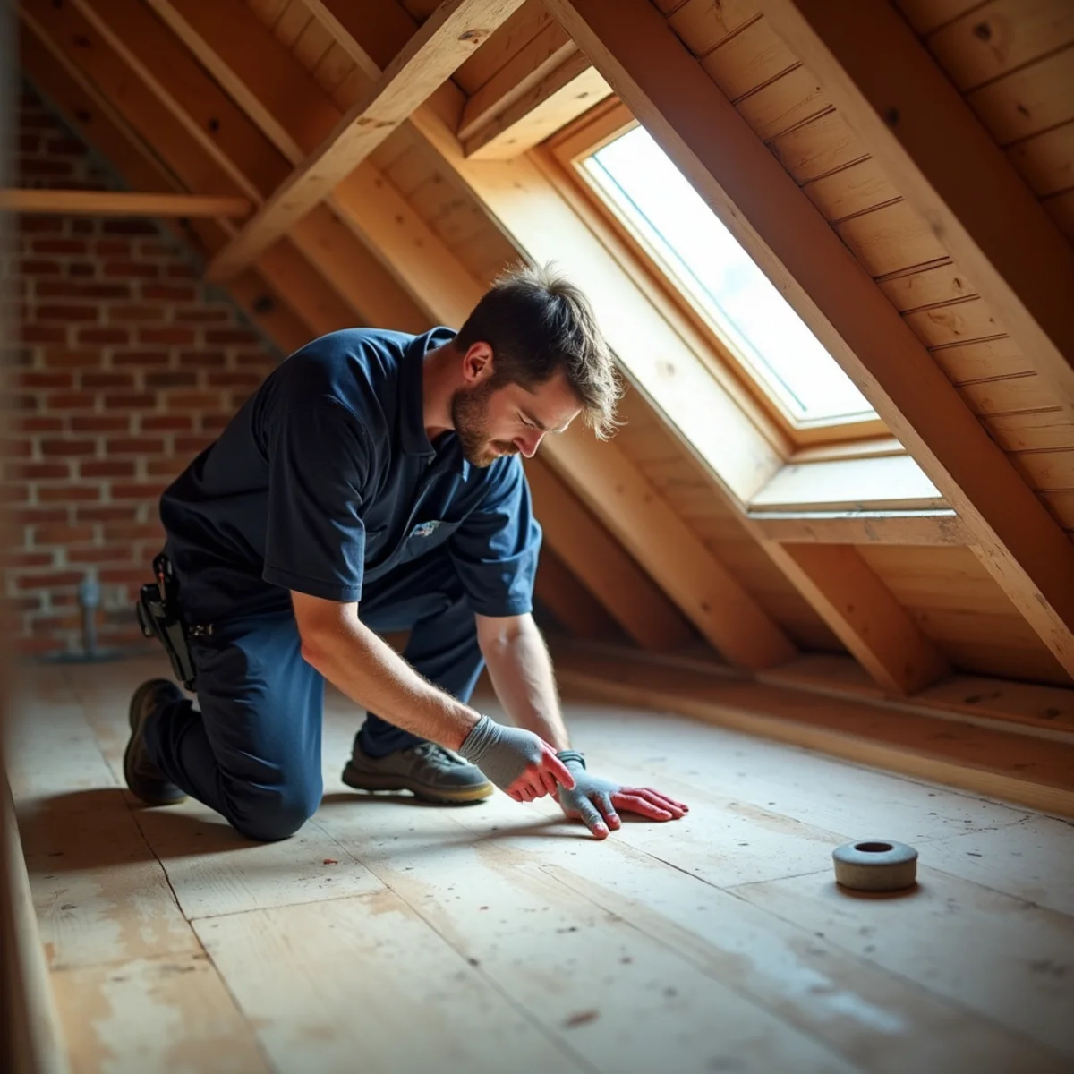 Restoration carpenter installing insulation and vapor barrier framing in an Alsip brick bungalow attic