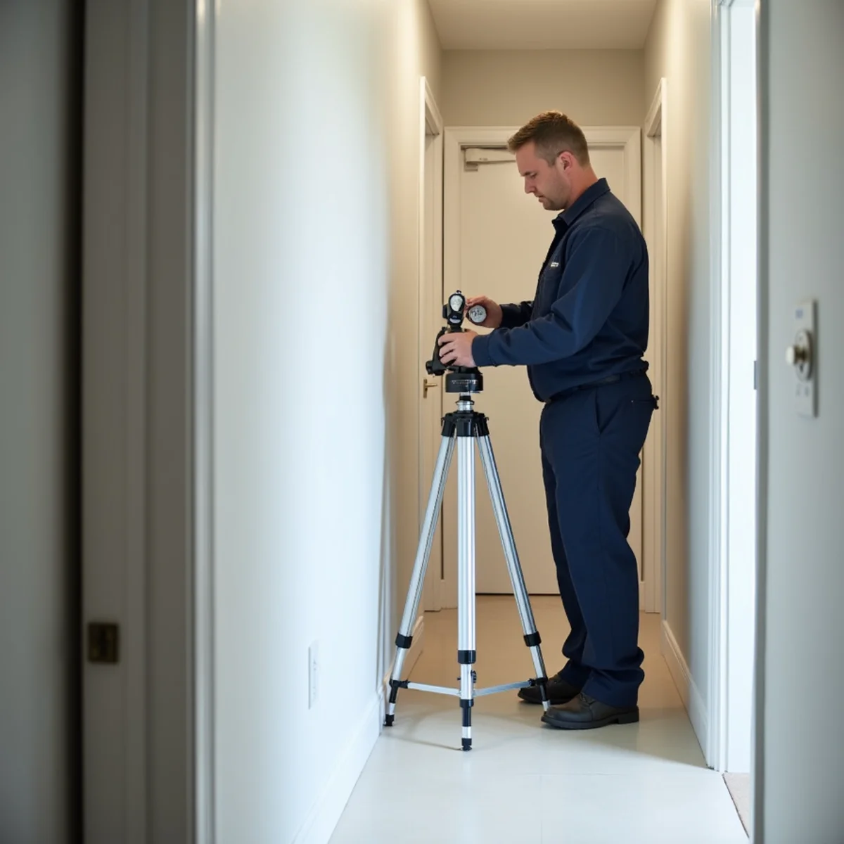 Technician sealing an air sample cassette on tripod for third-party laboratory verification