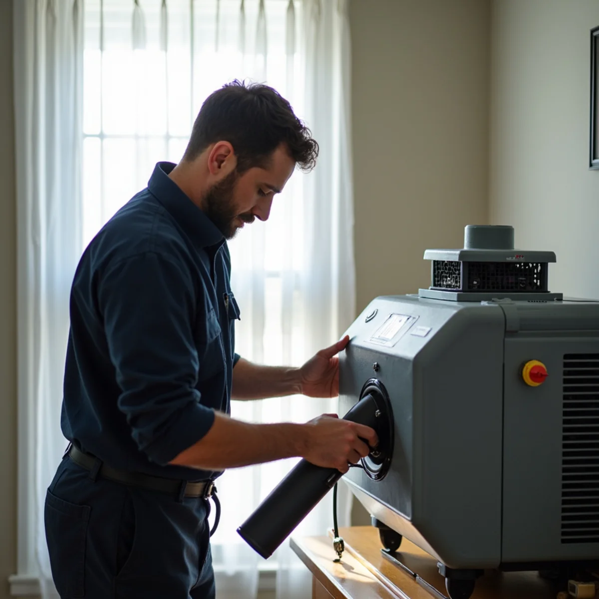 Restoration technician positioning oscillating air mover to circulate hydroxyl radicals through framing