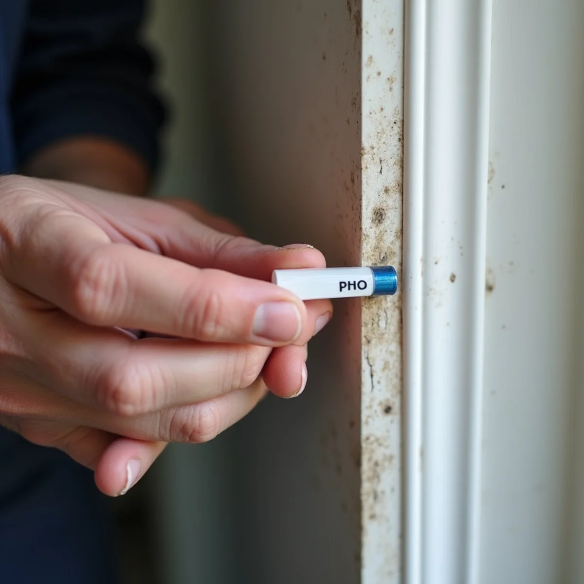 Technician testing soot pH levels with chemical test strips on smoke-damaged surface