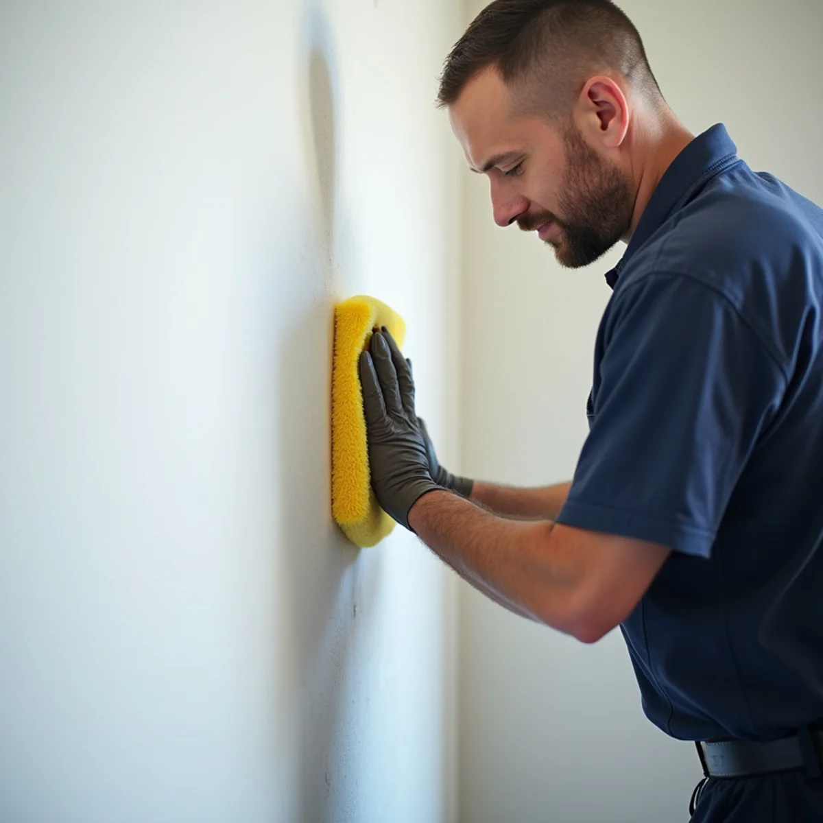 Technician executing bottom-to-top alkaline wet washing on smoke-damaged drywall