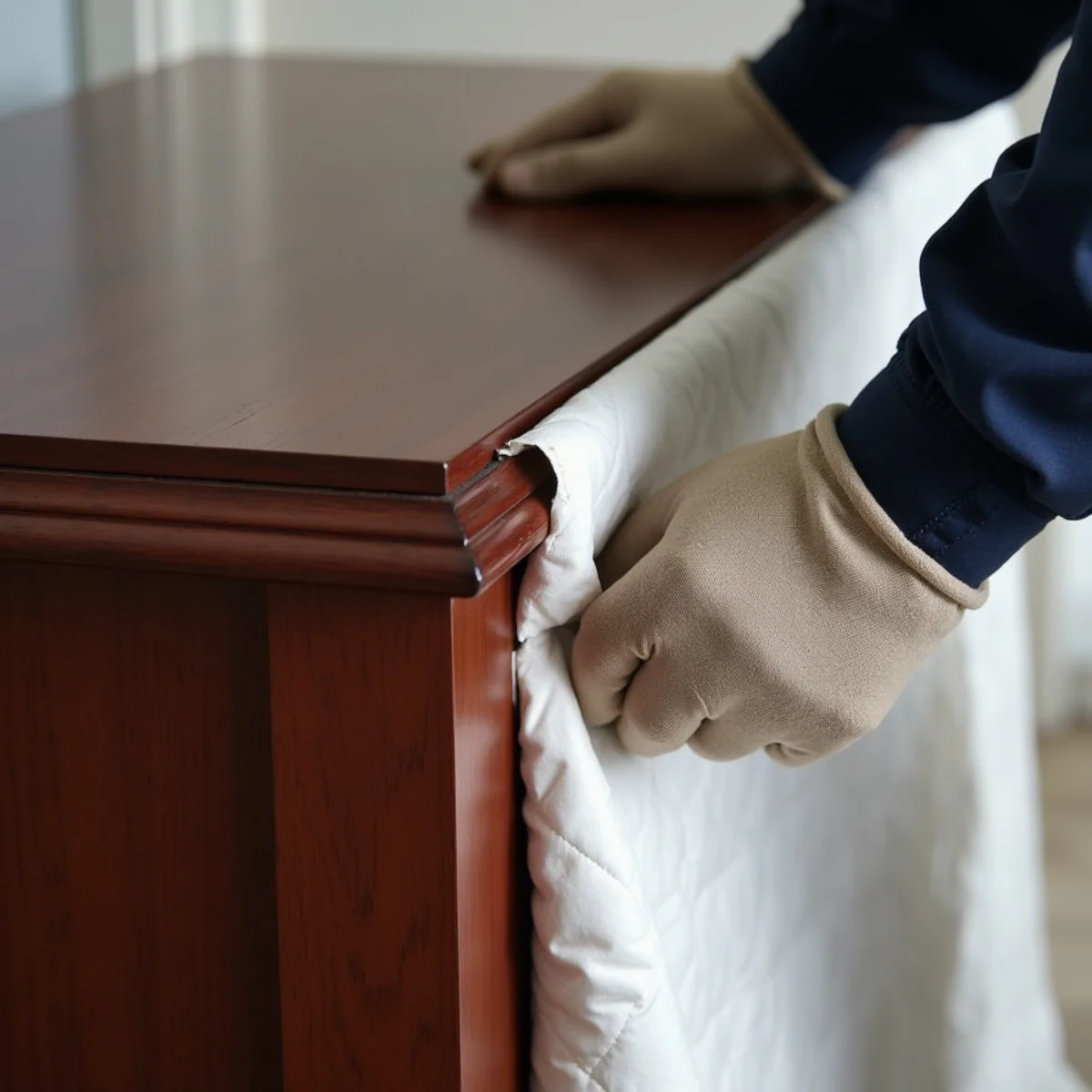 Movers securing heavy textile moving blankets around antique dresser with stretch wrap
