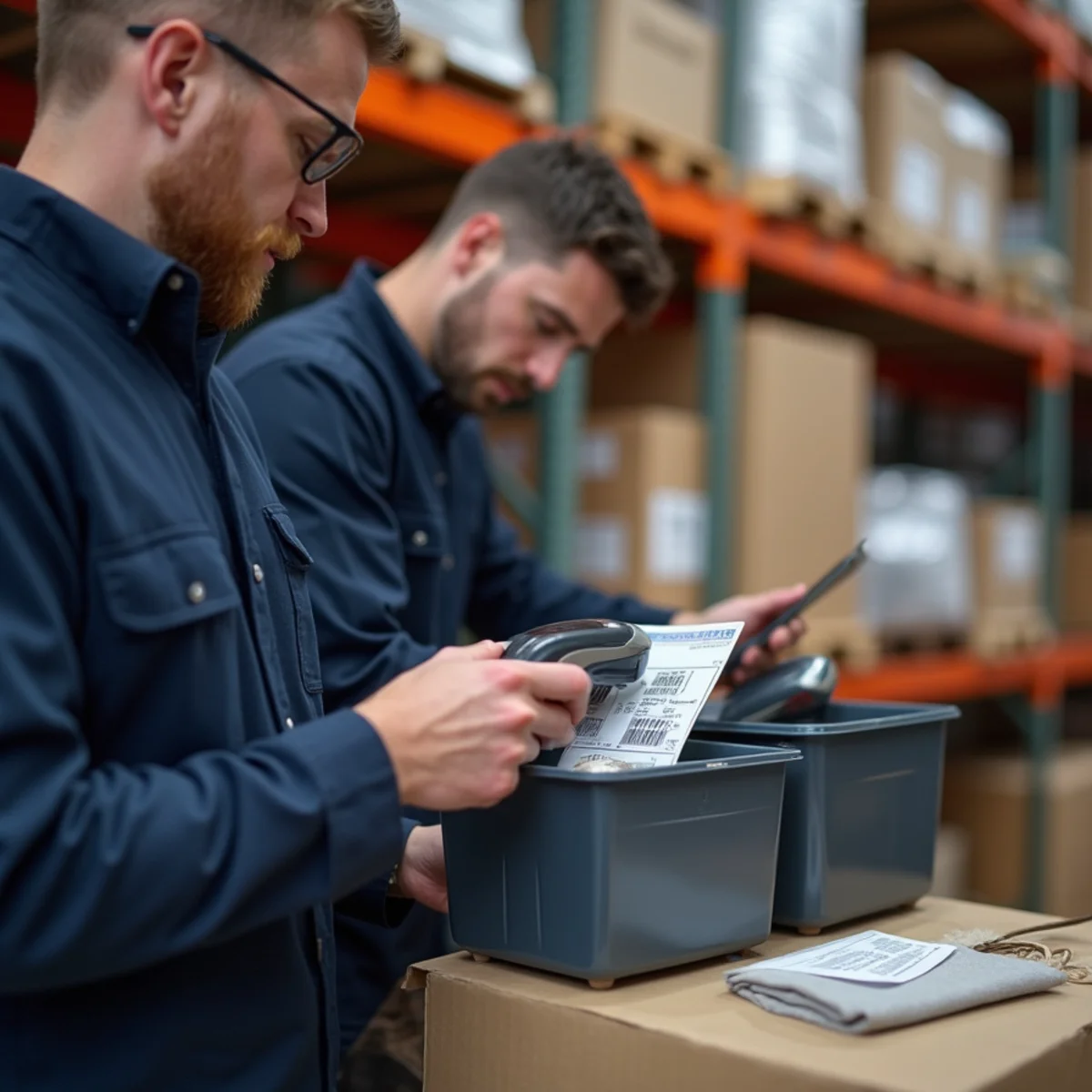 Technician scanning barcode tracking tag on carefully wrapped personal belongings box