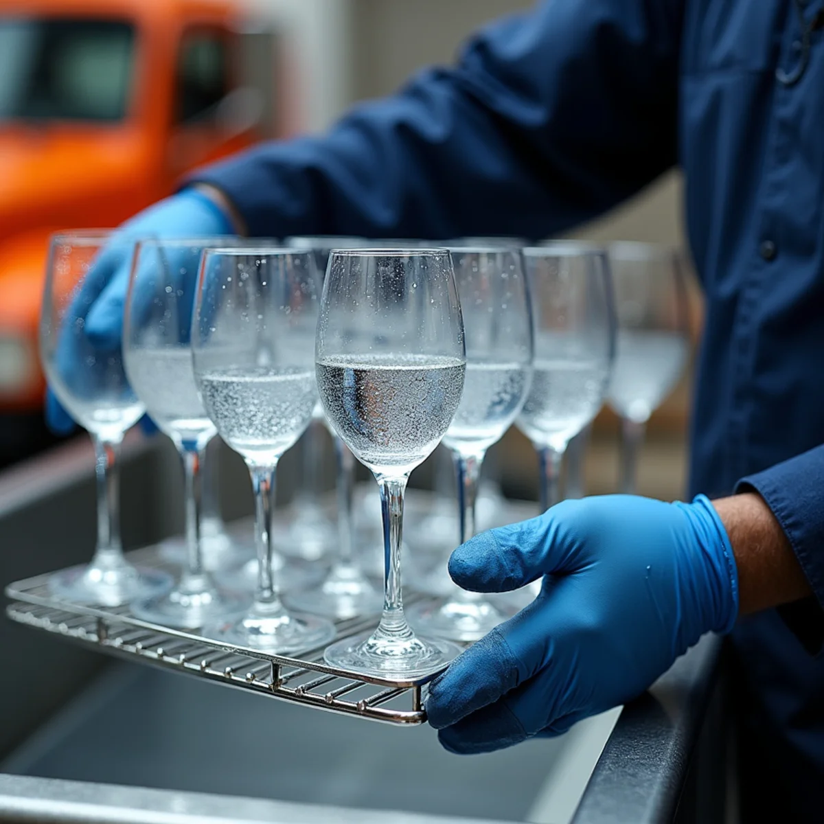 Restoration technician removing sparkling clean crystal glassware from ultrasonic wash tank