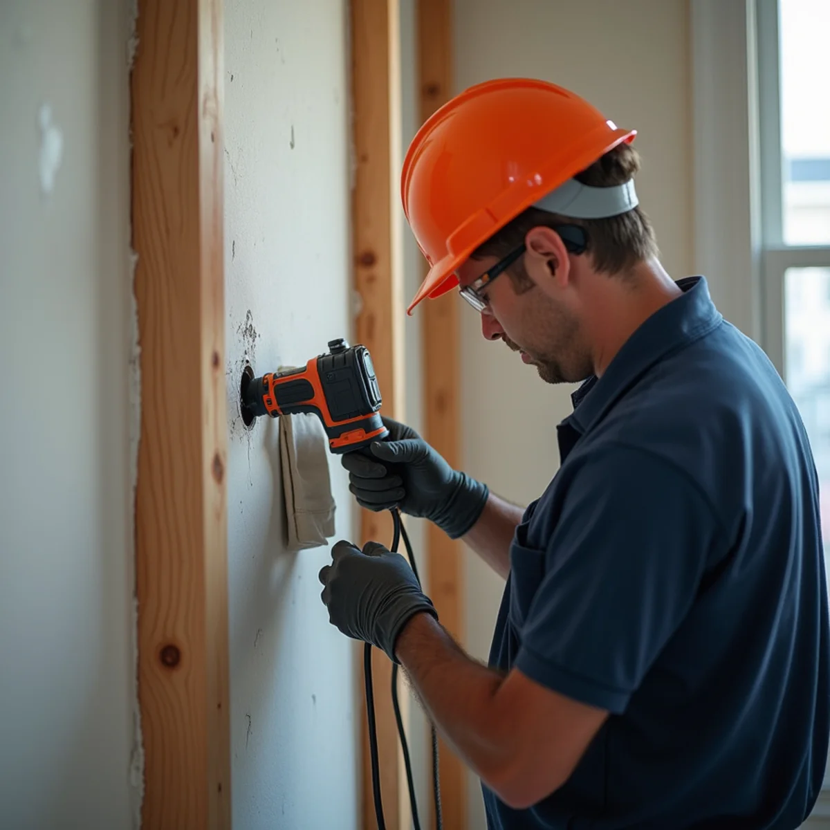 Technician inspecting vertical wall cavities for unseen smoke travel in historic Blue Island home