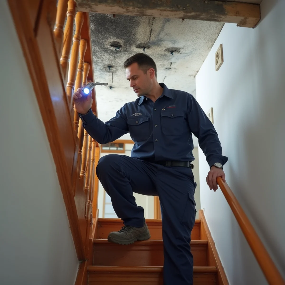 Technician examining vertical soot patterns on upper landing of residential two-flat stairwell