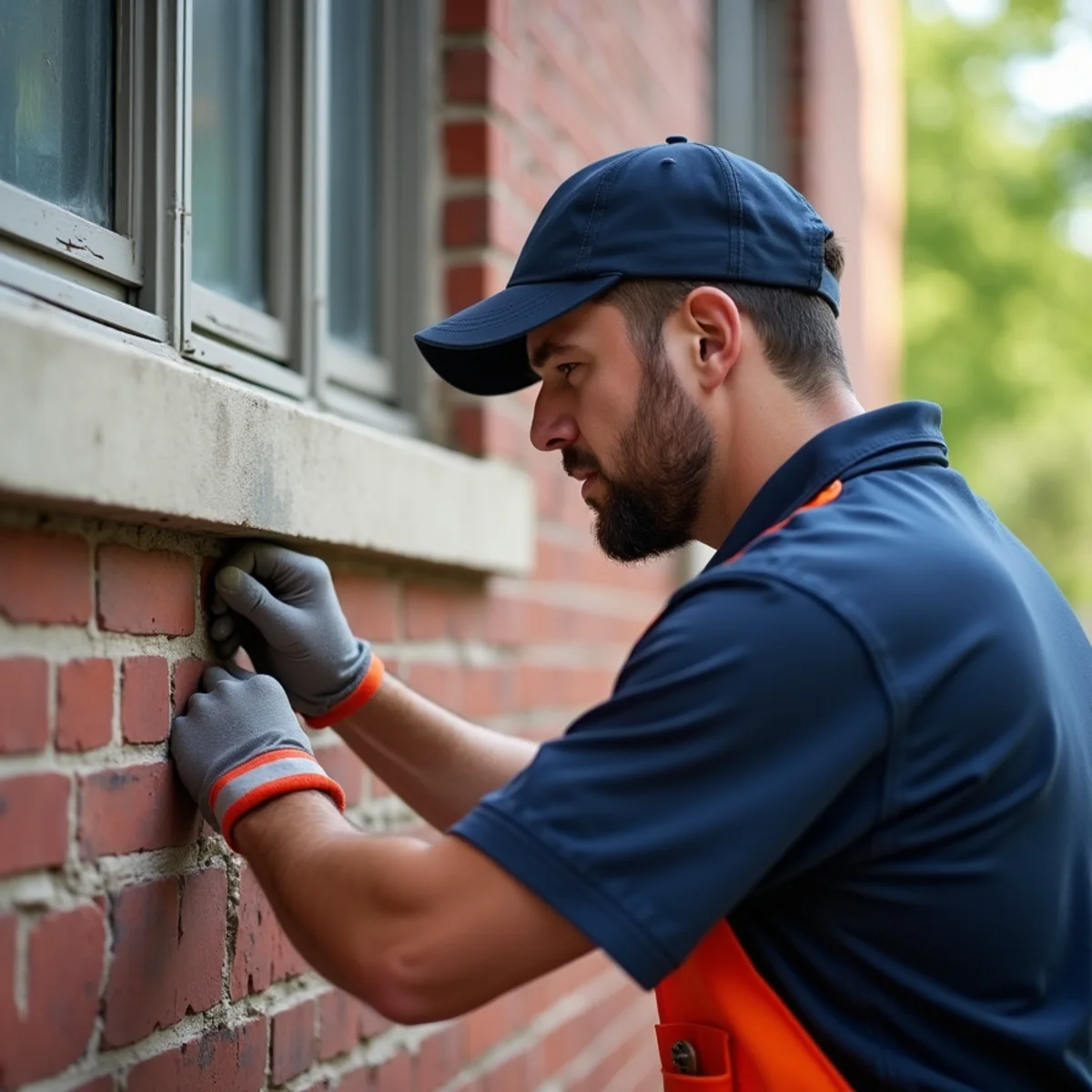Technician examining brick mortar and window flashing on Cook County two-flat building