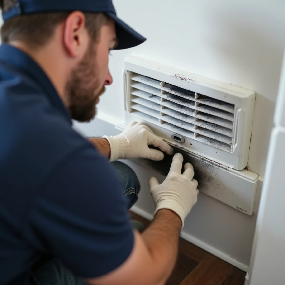 Technician inspecting black oily furnace puffback residue around basement heating registers