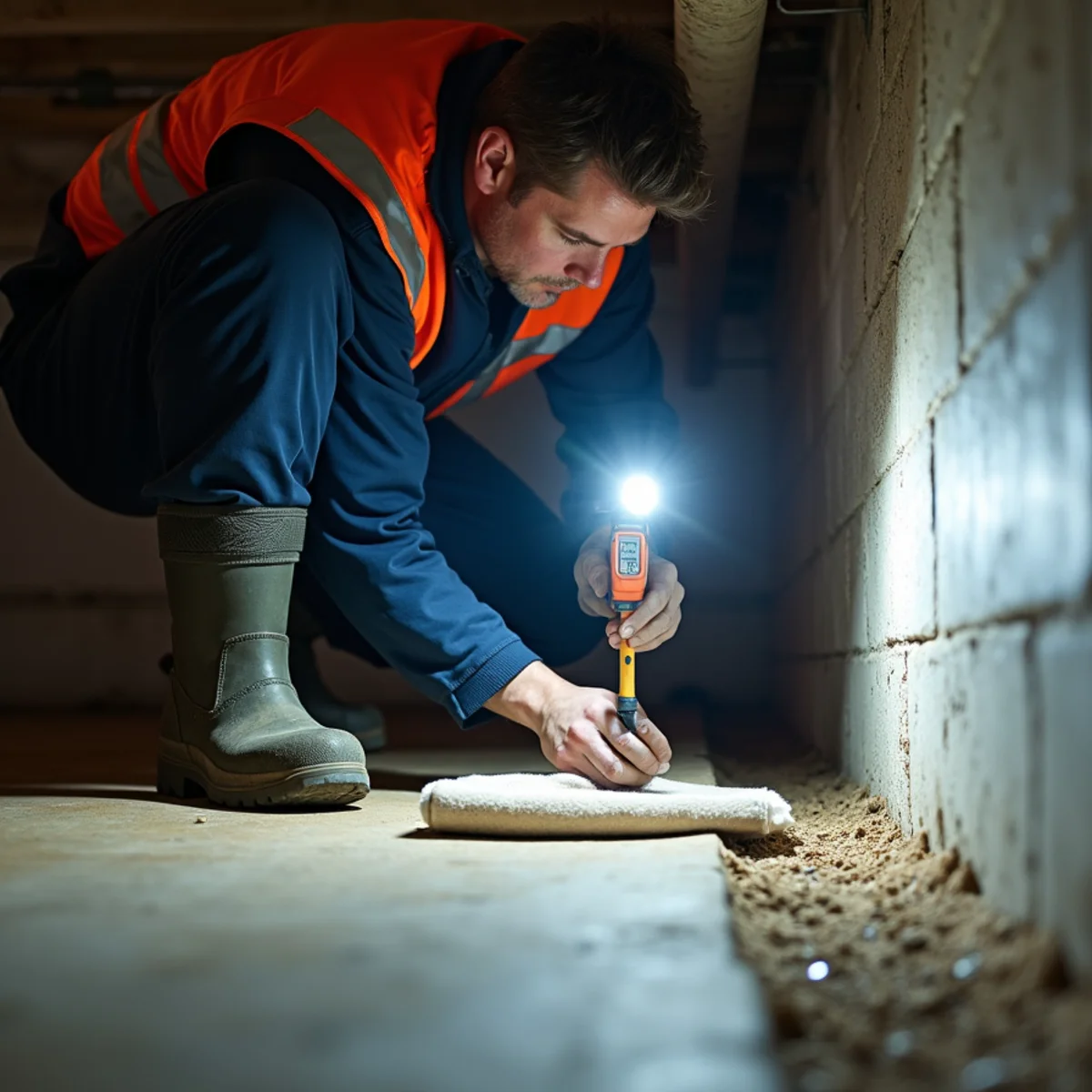 Technician mapping deep moisture in basement floor joists following post-fire water deluge