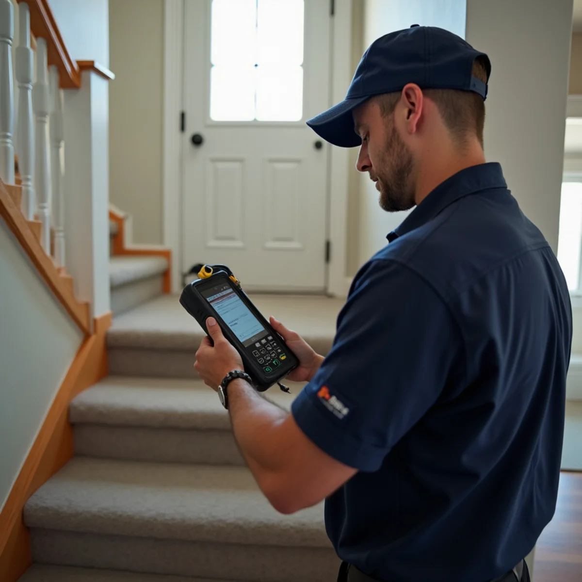 Technician inspecting smoke migration between lower family room and upper bedrooms in split-level