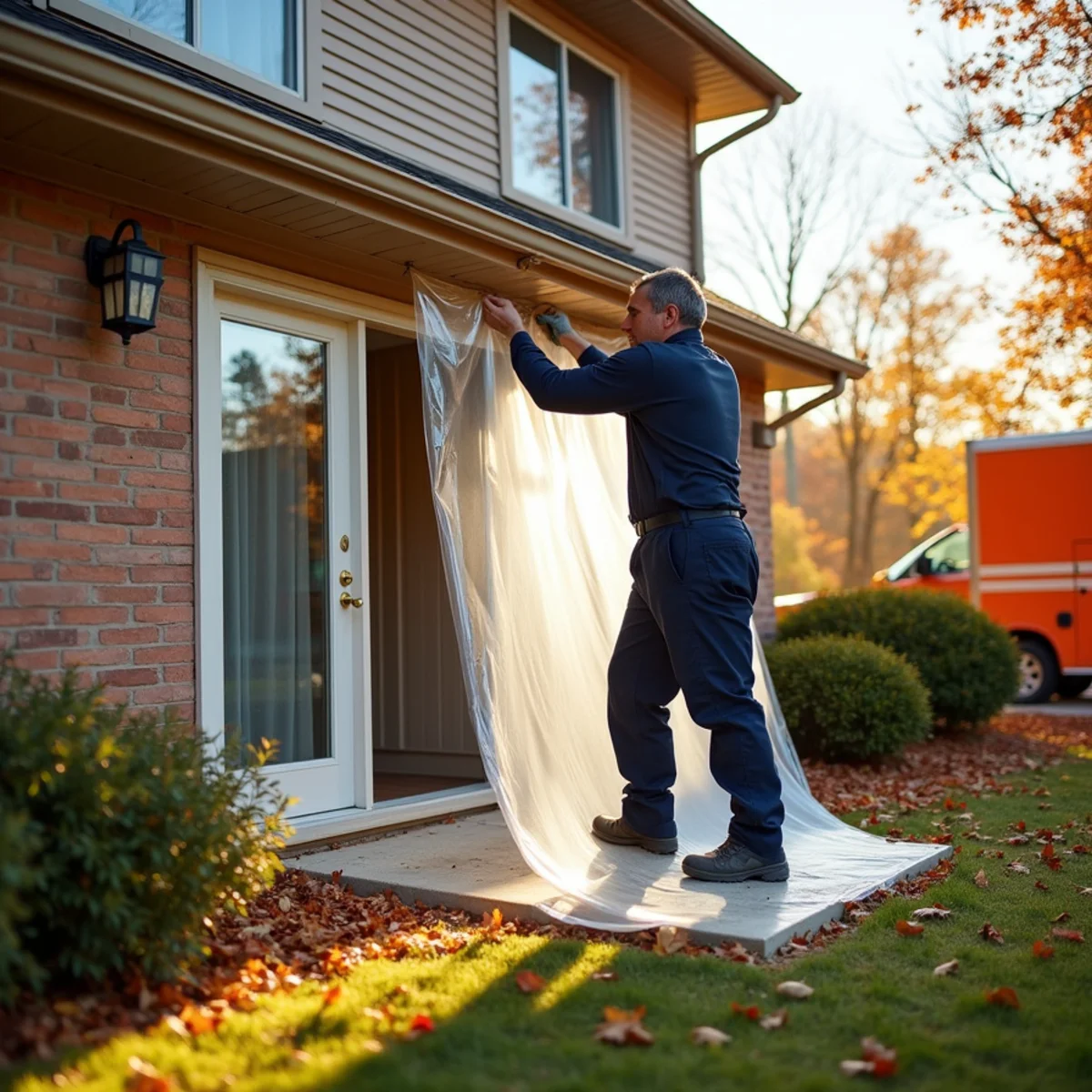 Restoration technician securing weather-tight poly barrier against autumn wind drafts