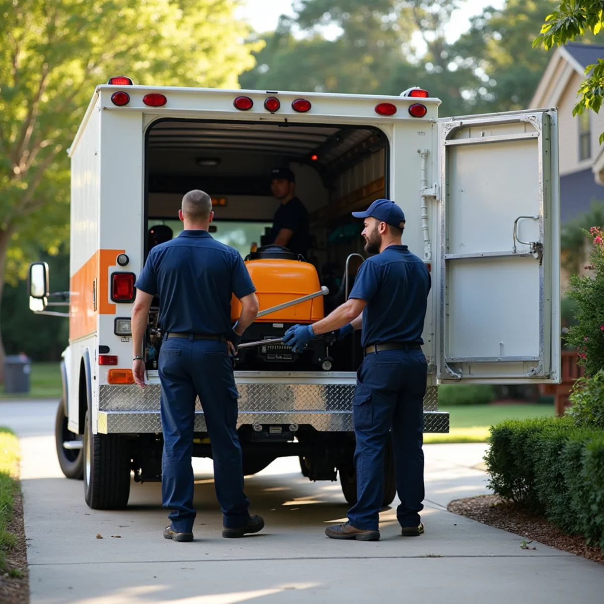 Restoration team unloading HEPA negative air scrubbers in Oak Lawn residential driveway