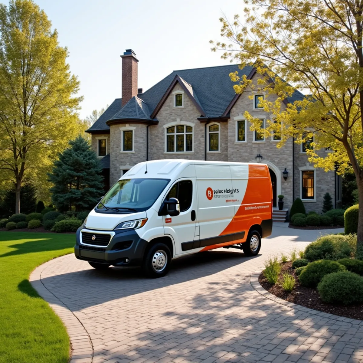 Restoration mobile command vehicle staged on circular brick paver driveway in Palos Heights