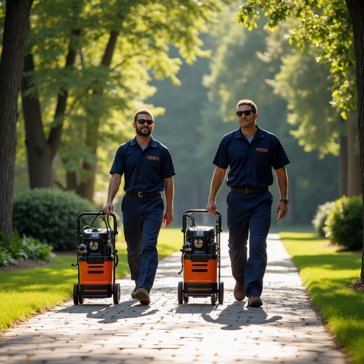 Restoration crew carrying portable generator and extraction equipment up wooded residential path