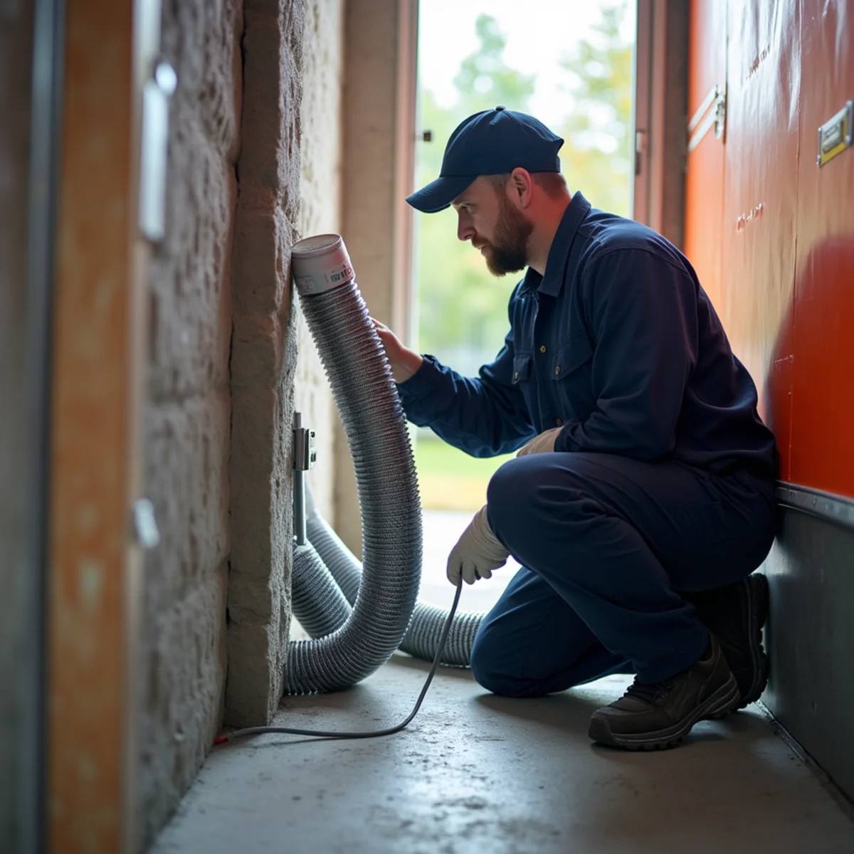 Restoration technician installing negative pressure HEPA exhaust in Posen residence