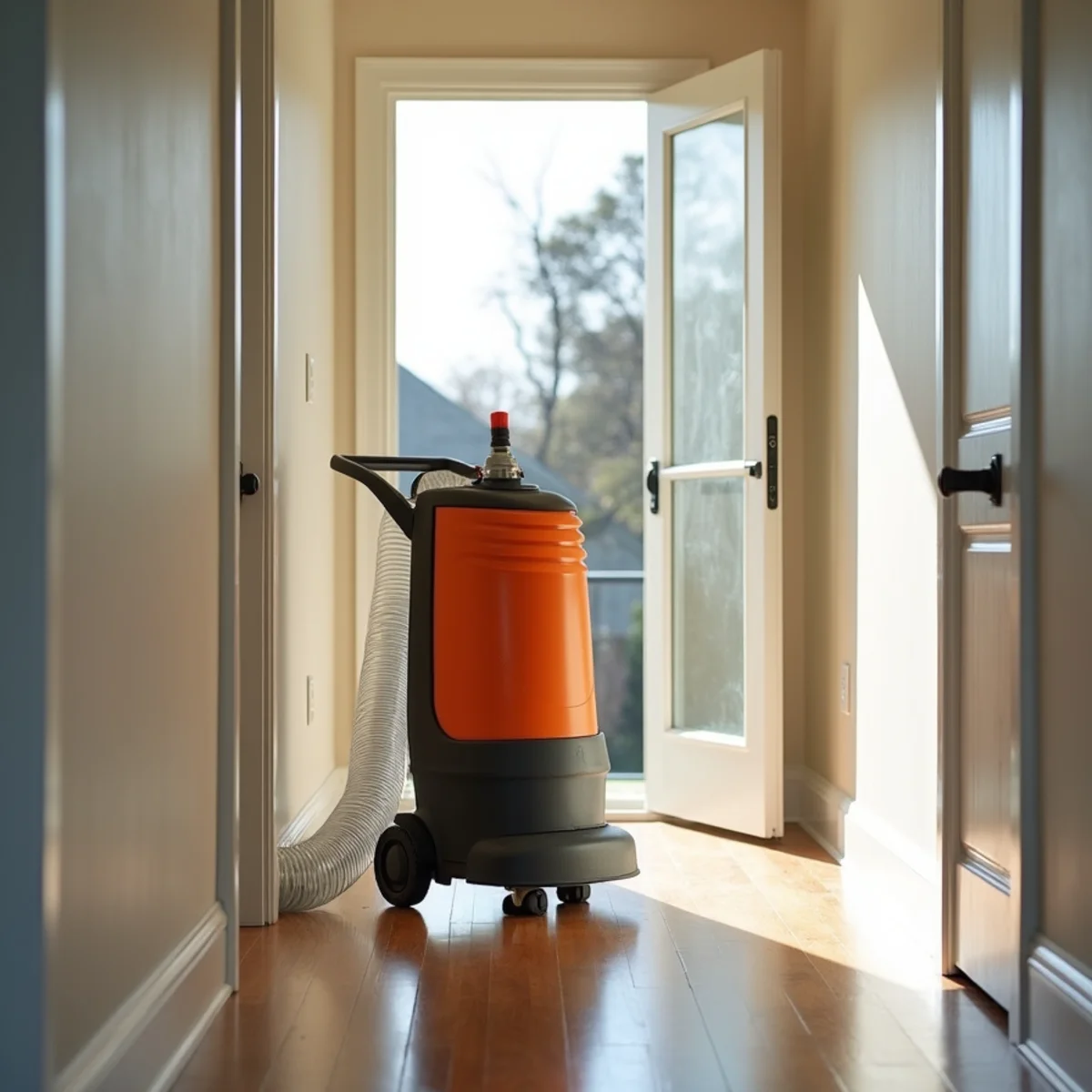 Commercial HEPA air scrubber running inside smoke-damaged property