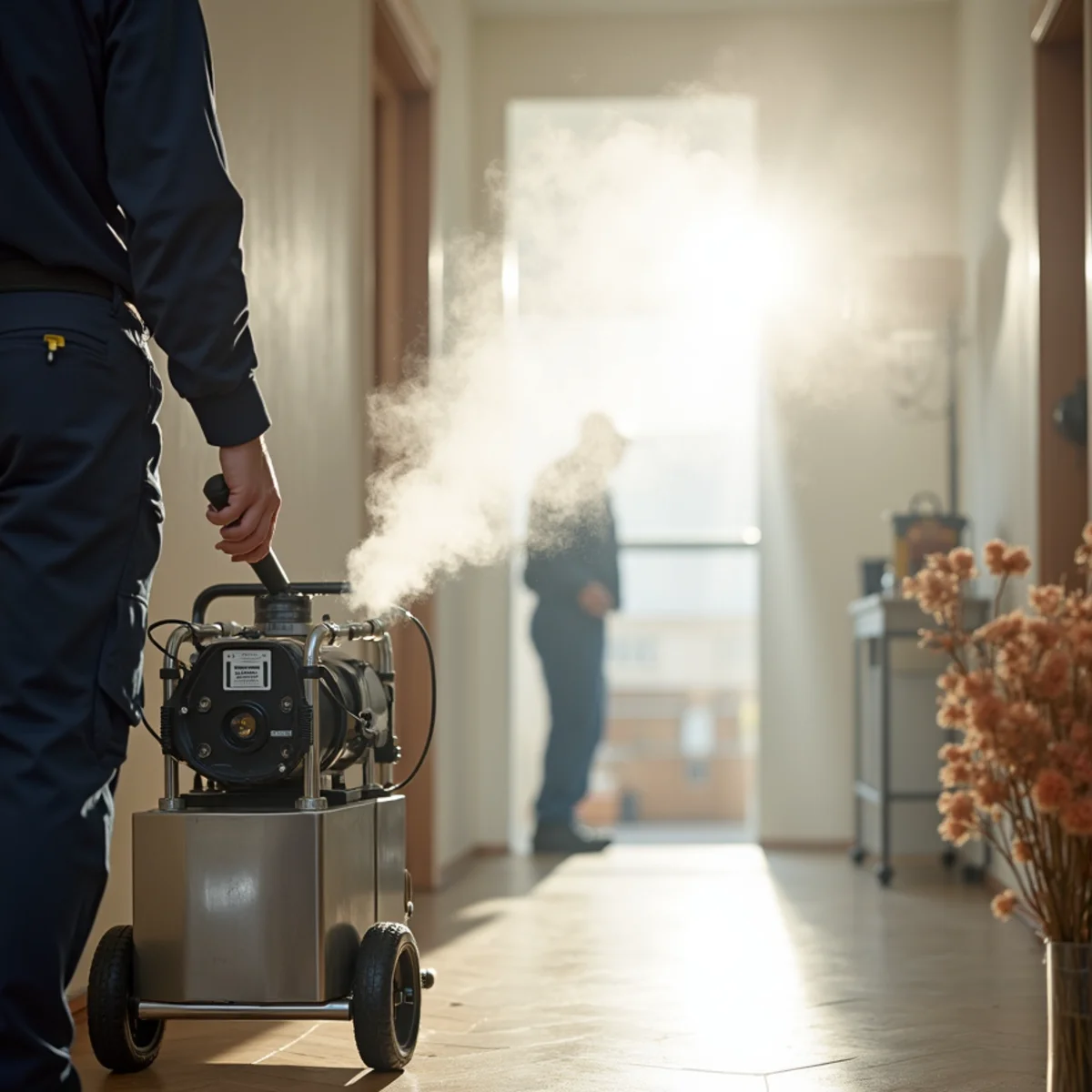 Thermal fogging odor neutralization equipment in residential hallway